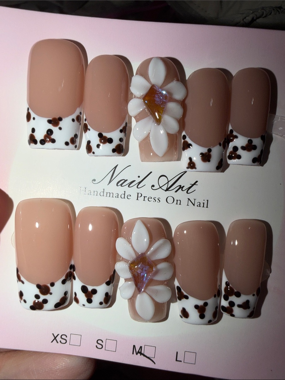 Handmade Nude Floral Press-On Nails with White and Brown Accent
